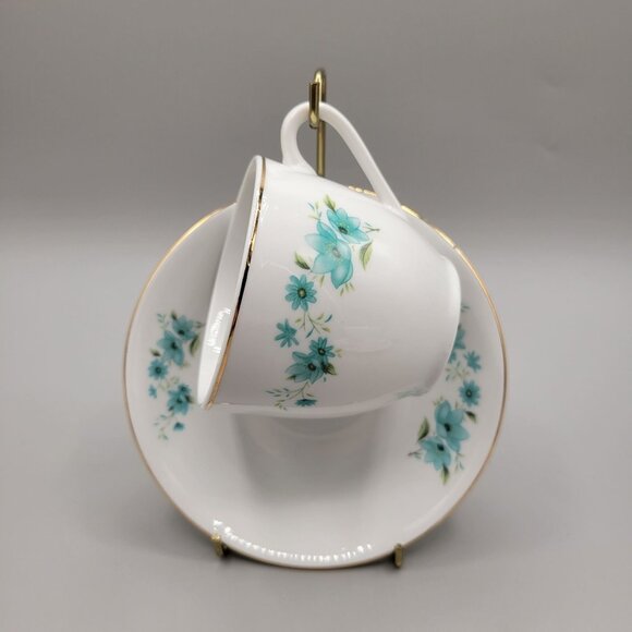 Tea Cup and Saucer Set Porcelain Turquoise Floral Pattern Flowers Gold Trim - Picture 2 of 11
